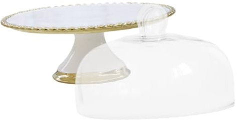 CONGARTENO Elegant Ceramic Cake Stand Gold Trim Snack Plate Dessert Plate Cupcake Stand Glass Cover for Wedding