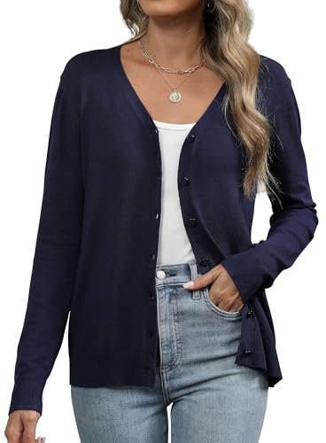 Famrrifuu Gilet Femme Cardigan avec Bouton Col en V Été Printemps Manches Longues Veste Tricot Léger Casual Gilets, Bleu, L