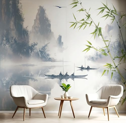 Seide Fototapete Chinesische Tuschemalerei 300×210 CM (W×H), Foto Tapete Schlafzimmer Wohnzimmer Seide tapete, Wandtapete See Holzboot Motivtapeten Bildtapete 3d Effekt Wand Dekoration