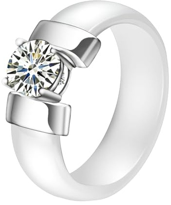 Wycian Ring Damen Luxus, Damenring Zirkonia Keramik Weiß Silber Größe 54 (17.2) mit Rundem Zirkonia Anpassbar für Frau Valentinstag