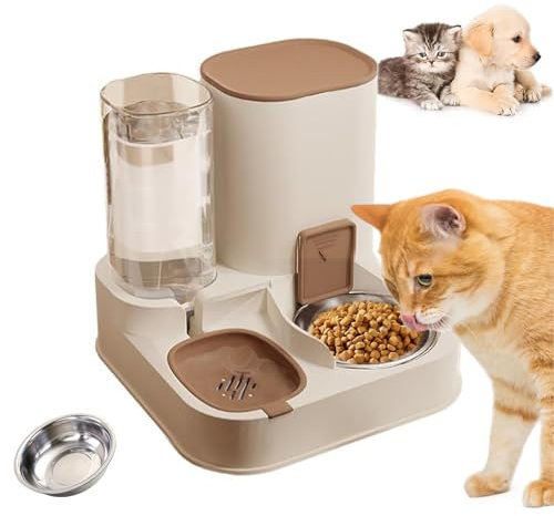 PZCC Distributeur De Croquettes pour Chat,2 en 1facile à Nettoyer Abreuvoir Automatique pour Animaux De Compagnie,pour Petit Chien,Chat, Chaton, Animal De Compagnie (Brun, Bol en Acier Inoxydable)