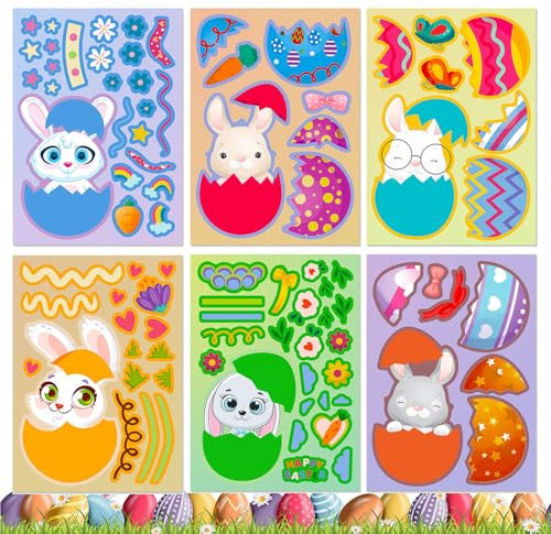 Make Your Own Easter Stickers, 6 Sheets Festive Bunny Egg Decals, Cartoon Animal Sticker Set, Creative Easter Basket Stuffers and Holiday Parties Craft Supplies, 8.27x5.91 Inches