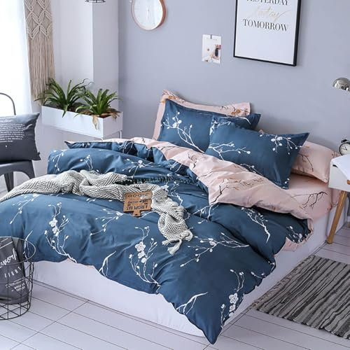 Tospass Floral Housse de Couette 240x260cm Gris Foncé Gris Fumé Fleurs Feuilles Parure de Lit 2 Personne Adultes avec Fermeture Éclair Housse Couette en Microfibre avec 2 Taie d'oreiller 65x65cm