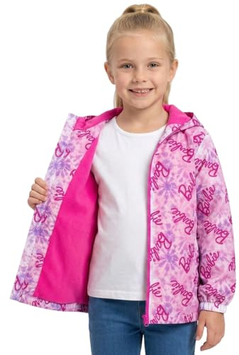 Barbie Mädchen Regenmantel - Wasserdichte, mit Fleece gefütterte Kapuzenjacke mit Reißverschluss & Taschen - Rosa All Over Logo Print - Kindergrößen 3-4 bis 9-10 Jahre - Regenjacke für Mädchen