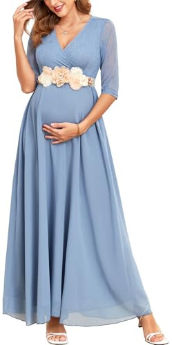 AISWI Umstandskleid für Damen, gerüscht, hohe Taille, ausgestellt, Rundhalsausschnitt, kurzes Umstandskleid