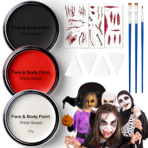 KooingTech 3x30g Wasserbasierte Kinderschminke Set, Vampir Schminke | Weiß Schwarz Rot Halloween Schminke, Theaterschminke, Halloween Make Up, Vampir, Zombie, Cosplay