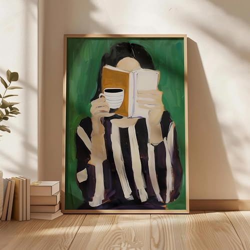 LZJAGXX Abstrakte Frau liest Buch, Leinwanddrucke, grüne Streifen, Mädchen, Wandkunst, Poster, Gemälde für modernes Wohnzimmer, Heimdekoration, 50 x 70 cm, rahmenlos