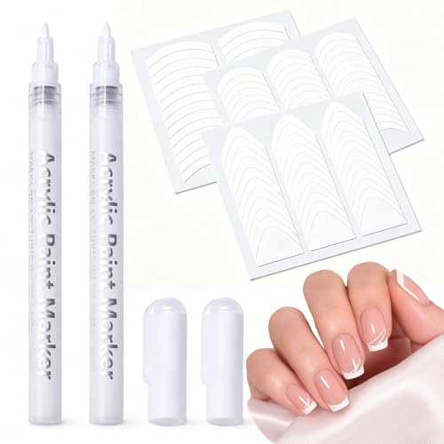 French Nails - 2 Pcs Weiß Nageldesign Pen Set mit 3 Nagel Hilfsmittel Aufkleber, Nagelweißstift,Nagellack Stift,3D Art für Weiß Gel Nägel,Nails Pinsel Stifte,Manicure Nagellackstift,Nail Art Extension