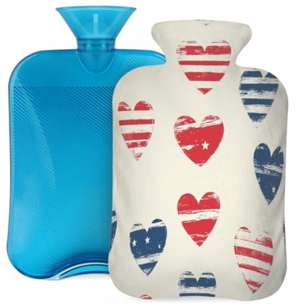 Myfsucce Wärmflasche mit Bezug, herzförmig, Flaggenmuster, wiederverwendbar, PVC, zur Schmerzlinderung, Krämpfe und Wärme, 2 l, 31 x 20,3 cm