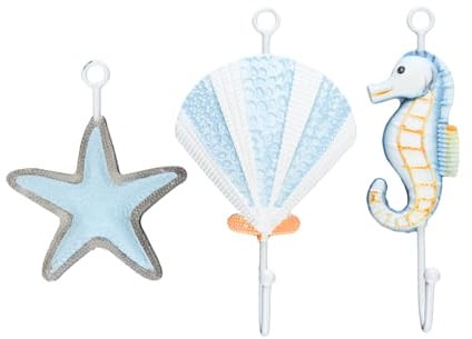 Alide Lot de 3 crochets muraux nautiques en fer forgé, motif coquillage/hippocampe/étoile de mer bleu, pour serviettes/vêtements/sacs