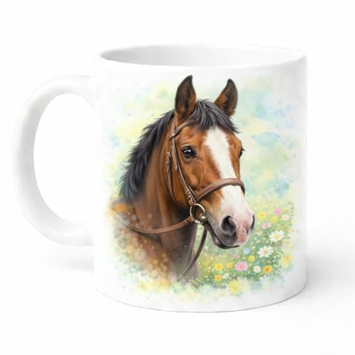 Brew Crew Gifts Horse Watercolour Mug, White Ceramic, 11 oz, Dishwasher Safe, Microwave Safe, Equestrian Theme