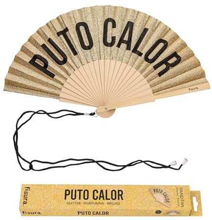 Fisura Original Fan with Message p*to Calor. Modern and Colourful Wooden Fan. Gold Glitter Hand Fan. Hanger Included. Fun Gift Idea. 42.5 x 23 cm