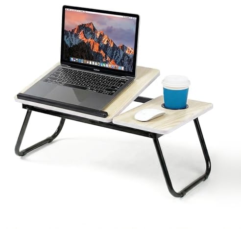 Mesa para Cama y Sofá, Plegable Bandeja con Tapa Ajustable, 56x32x25cm | Mesa Cama Ordenador con Portavasos, Tablero MDF y Soporte Metálico, Madera Clara