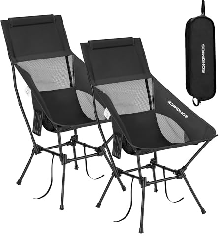 SONGMICS Campingstuhl 2er Set, Strandstuhl hohe Rückenlehne, Gartenstuhl klappbar, höhenverstellbar, Stahlgestell, bis 150 kg belastbar, 2 Seitentaschen, Kopfstütze, Reisen, schwarz GCB051BZ01-2J