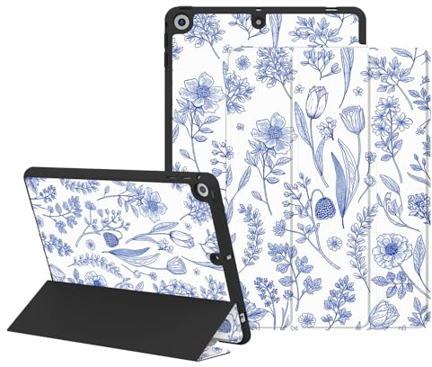 Chichery Hülle für iPad 9.8.7. Generation 10,2 Zoll 2021 2020 2019 mit Stifthalter, PU Leder Schutzhülle mit Auto Schlaf/Wach Ständer Muster für Mädchen Frauen, Blau Pflanze