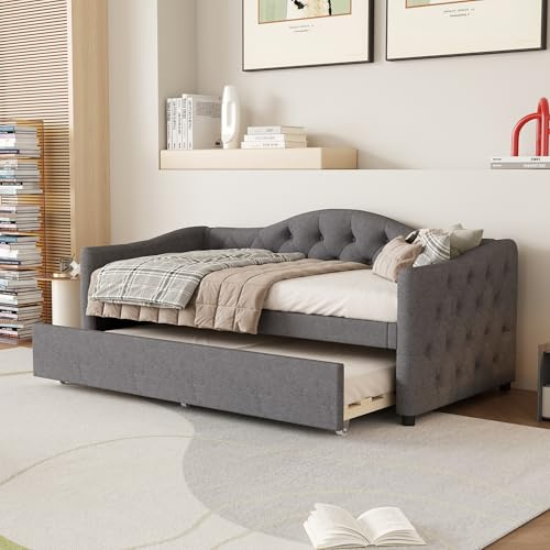 LinoraFurn Daybettt, 90x200cm Tagesbett mit ausziehbarem Bett,Schlafsofa, Einzelbett(Ohne Matratze), Leinen, minimalistisches Styling (Grau)