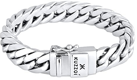Kuzzoi „Buddha“ Silber-Armband für Herren, handgefertigtes Panzer-Armband glänzend aus massiven 925er Sterling Silber, luxuriöses Herren-Armband Gravur, 14mm breit, 90g schwer 335101-021
