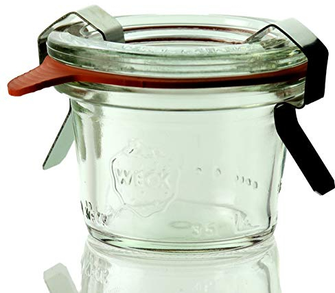 12 Weck Mini Sturzgläser 35ml / RR40 mit Glasdeckel, Ringen und Klammern im Original Karton (Mit Glasdeckel, Ringen und Klammern)