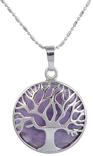 mookaitedecor Améthyste Collier Pendentif Arbre de Vie Pierre/Lune et Soleil Bijoux avec Chaîne pour Femme Homme