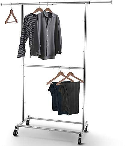 Simple, Tendencia, Doble barra de ropa, organizador con ruedas para colgar la ropa, cromado