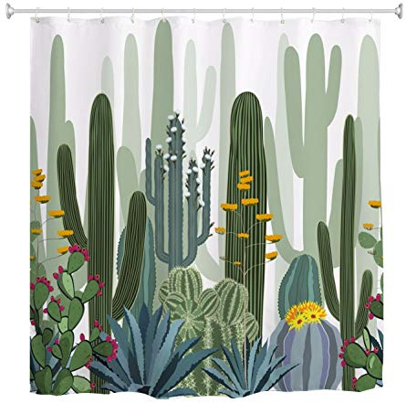 A.Monamour Duschvorhang Aquarell Sukkulenten Kaktus Wald Grüne Sukkulenten Blumen Weißer Hintergrund Wasserdichtes Gewebe Bad Vorhang Polyester Duschvorhang Mit Haken Ringe 180X200 cm / 72 X 78