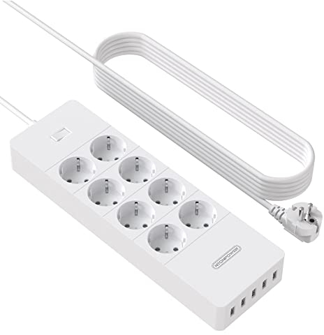 Steckdosenleiste Überspannungsschutz 1700 Joules mit USB und 3m Kupferkabel, Mehrfachsteckdose Wandmontage 16A/4000W, Kinderschutz EU Stecker für Zuhause- Weiß MEHRWEG