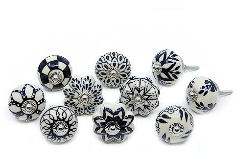 ETHNICITI 10 x Round Pumpkin Assorted Black White Handmade Ceramic Door Knobs Cupboard Drawer Cabinet Wardrobe Vintage Shabby Chic Kitchen Bedroom Living Room Furniture Dresser Pulls Handle Home Decor