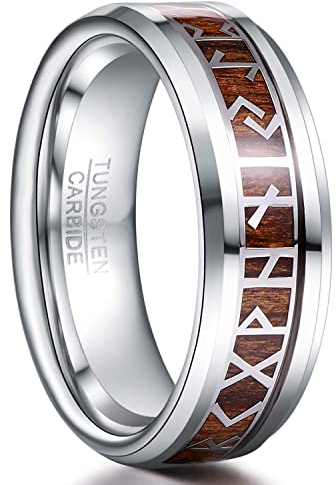 TUNGSTORY Wikinger Ring Herren 8mm Wolfram Silber Ring mit Holz Wikinger Schmuck Herren Ehering Größe 62.0(19.7)
