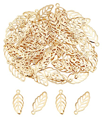 UNICRAFTALE ca. 120 Stück Goldblatt-Anhänger aus Edelstahl aus Metall, hohles Blatt, Charme für Halskette, Schmuckherstellung, Loch 1 mm