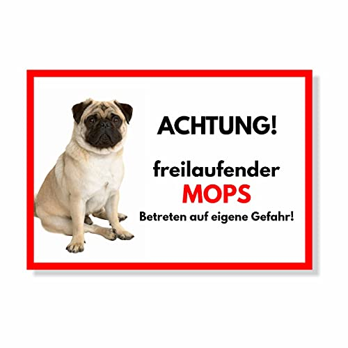 Mops Freilaufender Hund Dog Schild Spruch Türschild Hundeschild Warnschild Geschenkidee Sicherheitsschild Hund Privatgrundstück Hundewarnung Warnung vor dem Hund
