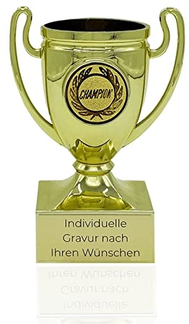 Pokal mit Gravur Wunschtext | Pokale Kindergeburtstag | Henkelpokal als Geschenk für Kinder, Frauen und Männer mit Embleme | Wanderpokal für jeden Anlass | Trophäe Mini Pokal in DREI Farben (Gold)