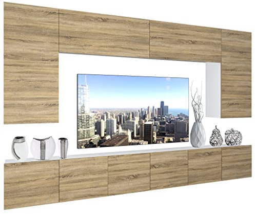BELINI Wohnwand Schrankwand NEX 2 mit LED-Beleuchtung, Sonoma Eiche | Vollausstattung Wohnzimmer-Set Moderne Schrankwand Anbauwand TV-Schrank