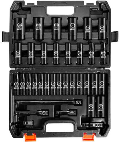 Boen 35-Piece 1/2 Drive Deep Impact Socket Set - SAE 3/8-1-1/4 & Metric 8-24mm, Extensions, Joint & Adapter, Cr-V Steel, Double Lock Case