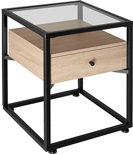 tectake® Table de Chevet 43 x 45 x 54,5 cm, Table de Nuit avec Plateau en Verre, Style Industriel Design, Chevet de lit, Tiroir Coulissant Pratique, Meuble Chambre, Decoration Chambre, Bois Clair