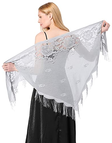 Atigy Stola Schal für Abendkleid Dreieck Spitzenschals mit Fransen Elegante Hochzeitsschal für Damen Festlich (Grau)