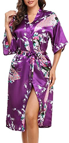 Lovasy Kimono Femme Peignoir Bride Femme Satin Kimono Mariee Sexy Léger Col V Robe de Demoiselle d'honneur Robe de Chambre, Y-Violet foncé, XL