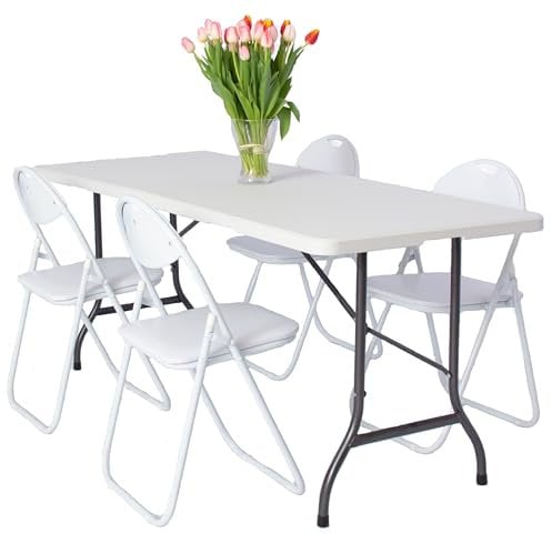NOVECRAFTO Set of White 6 ft (180cm long) Folding Trestle Table and 4 Foldable Chairs - Lightweight and Portable - Ideal For Life Situations When Extra Seating is Required