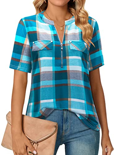 Amrto Damen Longbluse Kurzarm Tunika Tops V-Ausschnitt Blusen Damen Oberteile Reißverschluss Longshirt A Form T-Shirt Arbeit Hemd Große Größen Business Shirt Hellblau Kariert L