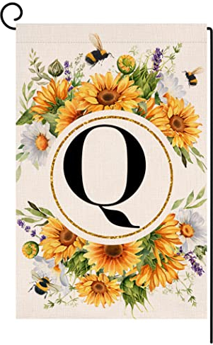 Monogramm Buchstabe Q Gartenflagge Sommer Sonnenblume 30,5 x 45,7 cm vertikal doppelseitig Frühling Blumen Biene Außendekorationen kleine Jutefamilie Nachname Initiale Yard Flagge