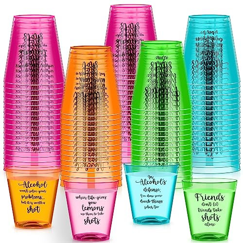 Roshtia 100 Pcs 2 oz Neon Shot Glasses Plastic Shot Cup Disposable Party Shot Glasses Neon Plastic Mini Cups for Wine Tasting Condiments, Sauce Bachelorette Drinking Serving Samples Cups