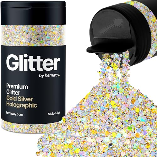 Hemway Premium Glitter Shaker - Gold Silver Holographic | 120g Multi Size Metallic Flake Sequins for Resin & Epoxy Crafts | Craft Supplies for Tumblers, Festival, Hair, Face, Body, Eye & Nail Art