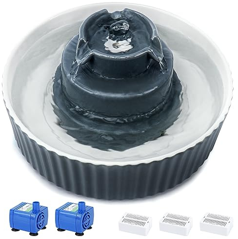 Lawfery Ceramic Cat Water Fountain, 2.1L/71oz Cupcake Pet Fountain | 3 Carbon Filters, 2 Quiet Pumps, Heavy Ceramic Body, and 360° Drinking Area, Drinking Bowl for Indoor Cats and Small Dogs