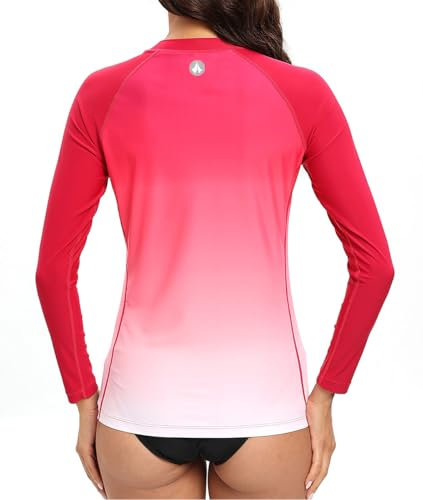 SURFEASY Womens Rash Vest Long Sleeve Ladies Sun Protection Swim Shirt Rash Guard Tops Swimsuit (Red Gradient,S)