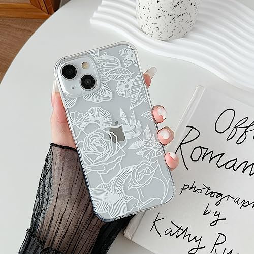 XIZYO Clear TPU Case for iPhone 14 Plus, Cute Rose Flower Floral Pattern Soft Slim Shockproof Phone Case, for Girls Women Luxury Anti-Scratch Transparent Frosted Protective Case, White