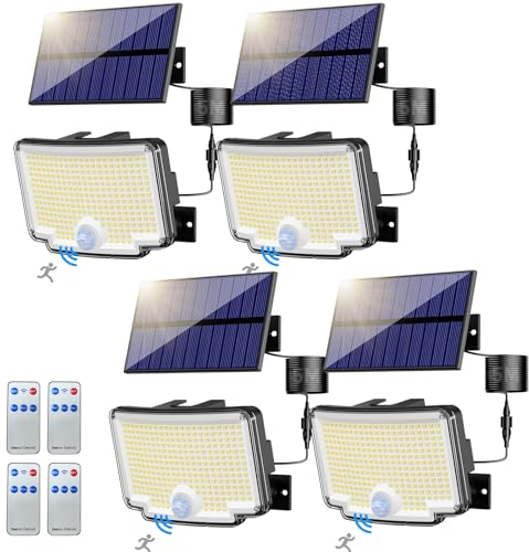nipify Focos LED Exterior Solares,【318 LED/270°Iluminación】 Foco Solar Exterior con Sensor de Movimiento, 6500K, IP65 Luz Solar Exterior con Mando a Distancia para Jardin, Caminos, Garajes,4 Paquete