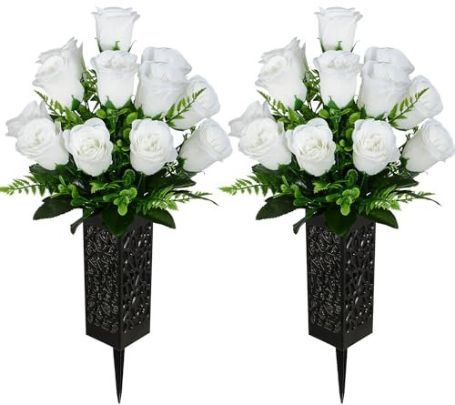 Kukooka Künstliche Friedhofsblumen, Grab-Gedenkblumen, 2 Stück Künstlicher Rosenstrauß mit Vase für Friedhof Grabsteine Grabstätten Dekoration (Weiß)