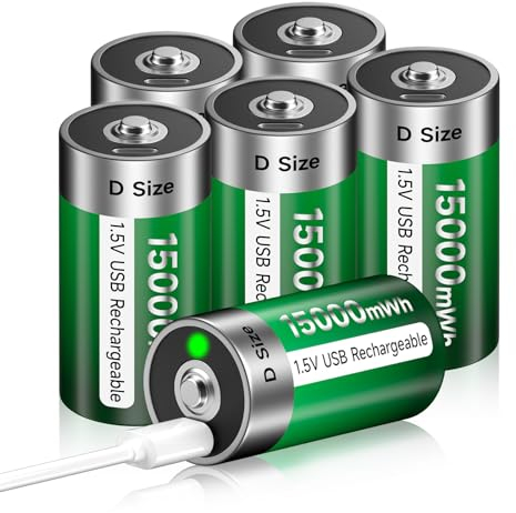 USB D Battery Lithium/15000mWh - 1.5V USB D Cell Batteries Rechargeable Batteries Quick Charge in 4 Hours With Type C Charging Cable (6Pcs)