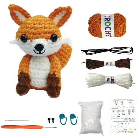 MJARTORIA Strickset Häkelset für Anfänger Tiere, Häckeln Stricken für Anfänger Set mit Anleitung, Kreativ Strickset Bastelset Erwachsene Kinder Geschenk(Braun Fuchs)