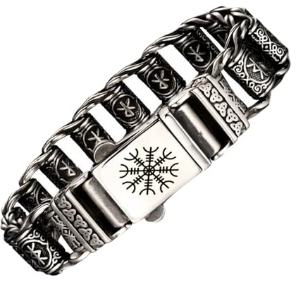 Punk Viking Bracelet Wide Titanium Stainless Steel Runes Link Bracelet for Men 20/22cm