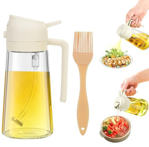 POFIBO Pulverizador de Aceite 2 en 1, Botella Pulverizadora de 470 ml para Aceite de Cocina con Cepillo de Silicona Atomizador de Aceite de Vidrio para Freidora de Aire Caliente